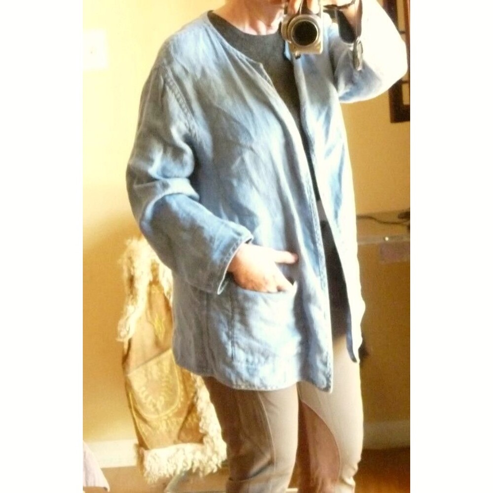 Vintage Kasper Indigo Blue Linen Reversible Lagenlook Open 4 pocket  Jacket 12 L